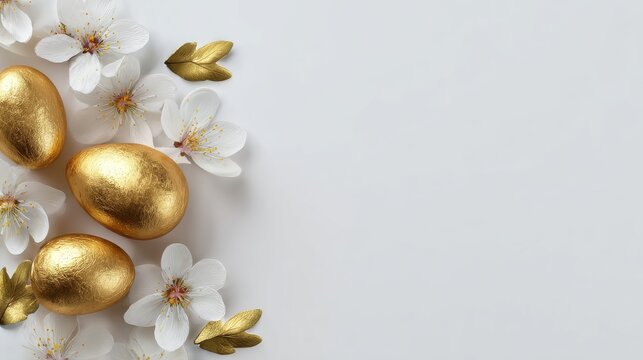 Golden Easter Eggs and White Cherry Blossoms on White Background