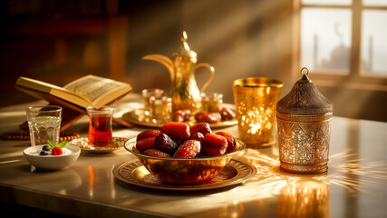 Fototapeta premium Serene Ramadan Table: A beautifully arranged table, evoking a sense of serenity and spiritual contemplation, featuring dates, tea, and a holy book, illuminated by soft natural light. 