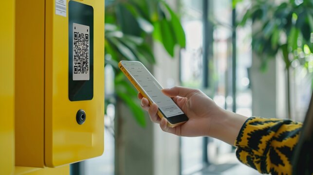 Close-up of a person using a mobile phone to scan a QR code displayed on a yellow digital self-service kiosk. Digital interaction concept.