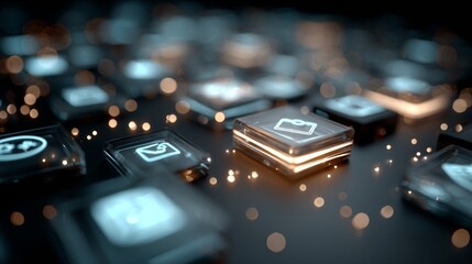 Captivating digital interface with glowing icons and futuristic bokeh effects, perfect for tech innovation and modern business concepts.