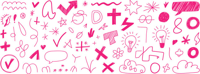 Pink hand drawn doodle elements set with arrows, symbols, light bulbs, stars and abstract shapes, creative sketch illustration collection