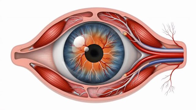 Detailed Anatomical Cross Section of a Human Eye with Visible Muscles Nerves and Blood Vessels on a White Background
