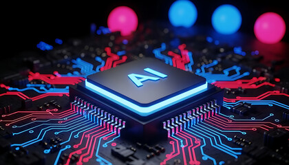 ai processor chip illuminates a futuristic circuit board symbolizing advanced machine learning neural networks and data processing innovation.
