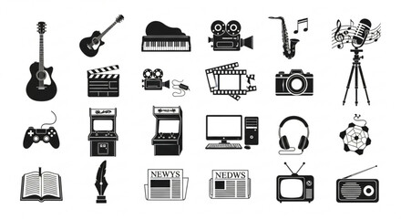 Fototapeta na wymiar Black and white entertainment and media silhouettes arranged in vector rows