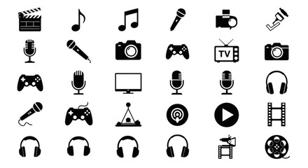 Fototapeta na wymiar Black and white entertainment and media silhouettes arranged in vector rows