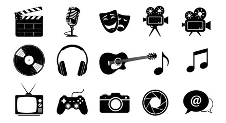 Fototapeta na wymiar Black and white entertainment and media silhouettes arranged in vector rows