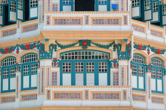 Facade of conserved Peranakan residential houses with colorful rococo plaster work in the Jalan Besar Conservation Area, Singapore