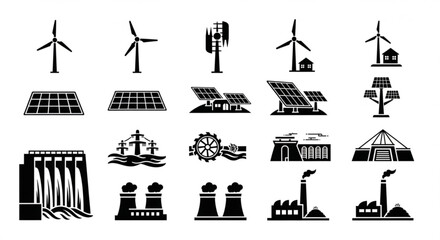 Fototapeta premium Black and white renewable energy silhouettes arranged in vector rows