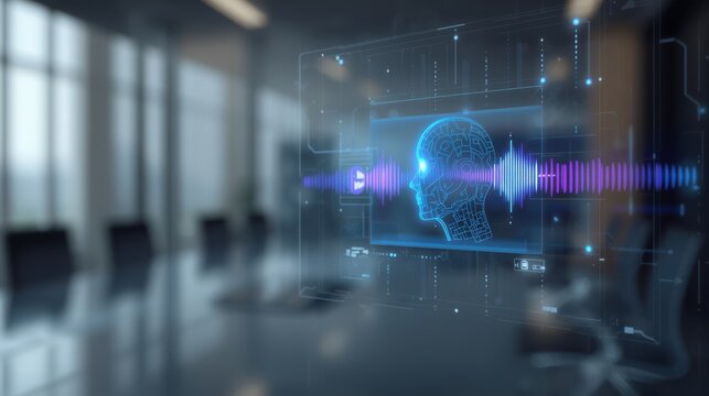 Holographic brain interface with a sound wave and digital network overlay in a blurred office environment.