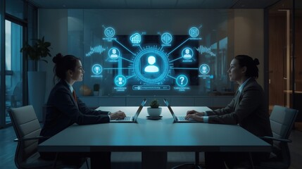 Two businesswomen interacting with a holographic interface showing interconnected icons and data in a modern office.