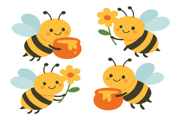 Naklejka premium Adorable smiling honey bee cartoon set with honey pots and flowers, perfect for kids' designs isolated white background