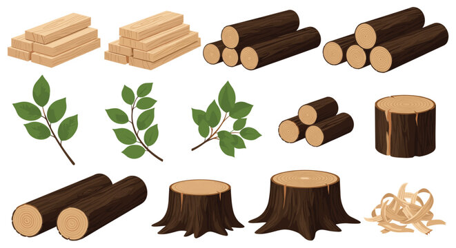 Versatile collection of wood materials including logs, stumps, planks, and green leaves, representing the transition from trees to lumber.