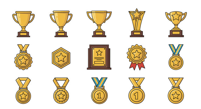 Collection of gold trophies, medals, and award plaques representing success, competition, and victory for sports and academic achievements.