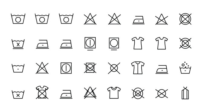 Comprehensive grid of universal laundry care instructions and garment symbols for washing drying bleaching and professional ironing of clothes.