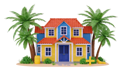 Colorful Cartoon Beach House with Palm Trees