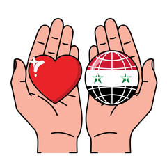 Obraz premium Two open palms gently presenting a sparkling red heart and a globe featuring the Syrian flag representing international aid and compassion on white background