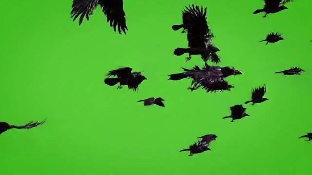 Green Screen a flock of black birds flies from left to right the scene 1 with distortion, overlay, glitch, static noise, scan lines on background, 4k animated video loop