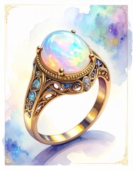 Lenormand Ring Card &ndash; Antique Opal Ring with Rainbow Glow Watercolor Illustration
（ルノルマンカード「指輪」虹色に輝くオパールの水彩画イラスト）