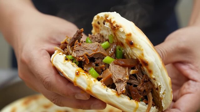 Close up of hands holding steaming Xi'an meat burger Roujiamo