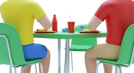 Two stylized people eating at a green table