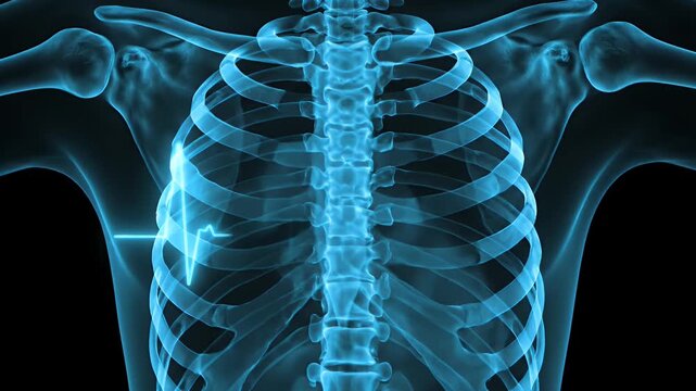 Medical Scan of Human Chest Bones Ribcage with Heartbeat Animation on Transparent Background Diagnostic Examination for