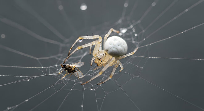 Spider on a web catching a small fly in macro detail