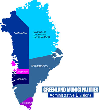 Solid map of Greenland five municipalities or Administrative Divisions and it's unincorporated area