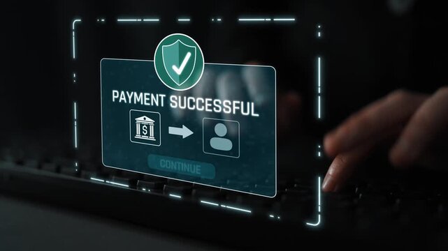 Successful transaction message showing secure payment. Payment confirmed, secured, payment processed, and payment completed with trust and transaction integrity. Marrow