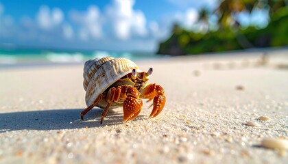 Obraz premium Hermit crab on a tropical beach with turquoise water.