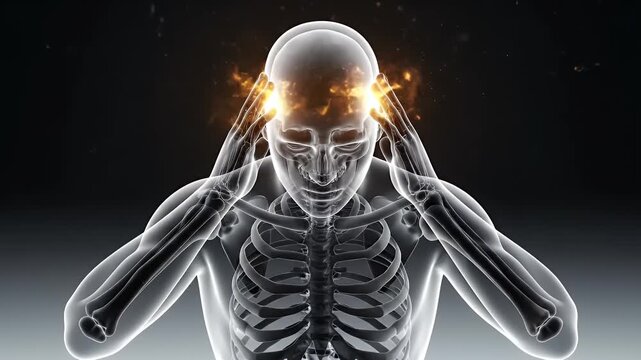 Pain Skeleton Man With Headache On Black Background Animation Pain And Discomfort In The Skull And Temple Region 3D