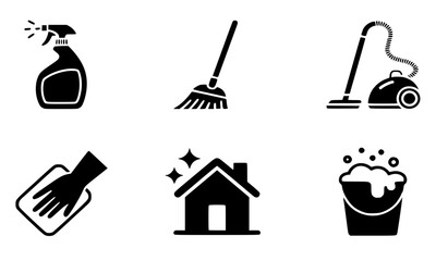 Obraz premium Cleaning services and household maintenance icon set, spray bottle, broom, vacuum, and soap bucket silhouettes, professional domestic chores and janitorial vector illustration on white background