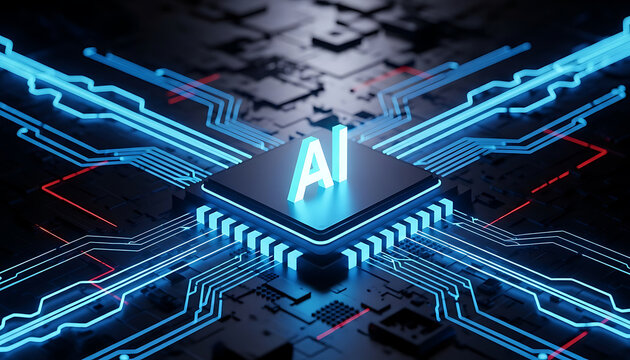 artificial intelligence technology on a glowing microchip processor illustrating machine learning and future computing solutions for digital innovation networks