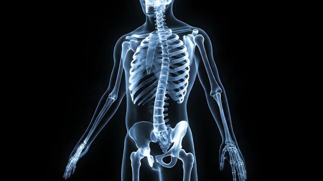 Rotating Human Skeleton X-Ray Body Scan Hologram on Black Background Animation for Medical Visualization and