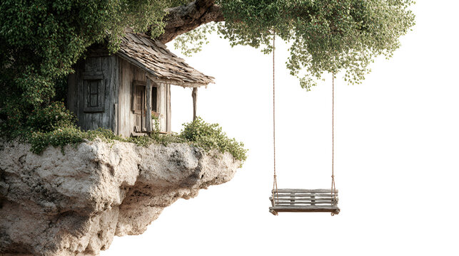Detailed rendering of a weathered wooden treehouse cabin perched precariously on a rocky outcrop featuring a rustic hanging rope swing for an adventurous scene.