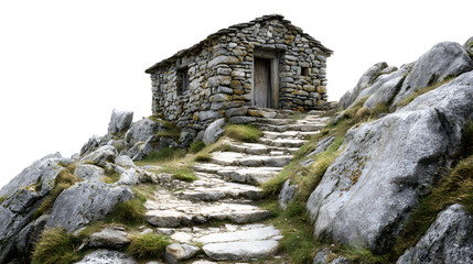 Ancient stone hut perched precariously atop a rocky mountain summit accessed by rough hewn granite steps leading toward a weathered wooden doorway.