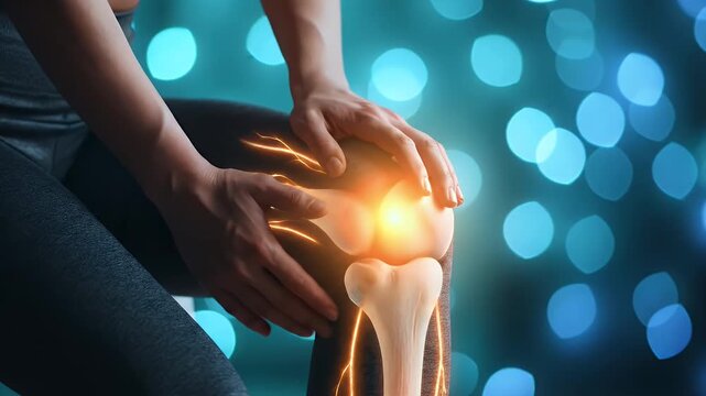 Woman Holds Knee with Glowing Bone Structure Overlay Against Bokeh Background for Medical Animation, Explaining Joint