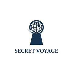 Fototapeta premium Creative globe and airplane inside keyhole icon for exclusive private jet travel and hidden tourism gems branded as SECRET VOYAGE.