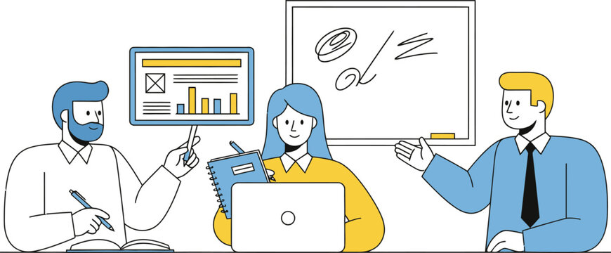 Three business colleagues discussing data on a transparent background isolated on transparent background