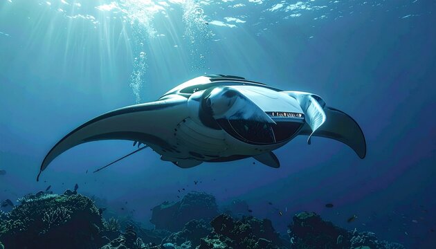 Majestic manta ray gliding gracefully through the clear ocean waters.
