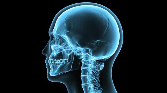 X-Ray Visualization of Human Skull and Neck Spine on Black Background Medical Animation for Anatomy Educational
