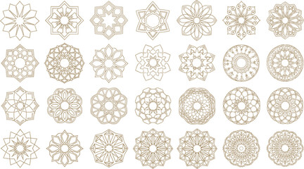 Islamic geometric ornament and mandala pattern set with intricate Arabic rosettes floral symmetry and elegant gold line art