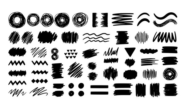 Hand-drawn marker scribbles and brush strokes vector set with geometric shapes