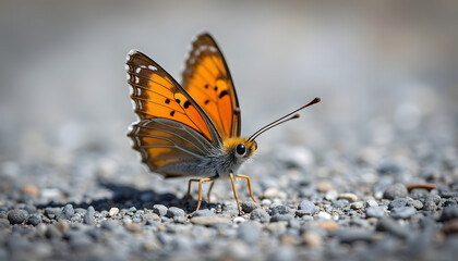 Obraz premium Close-up macro shot of a vibrant orange butterfly with black spots resting on gravel