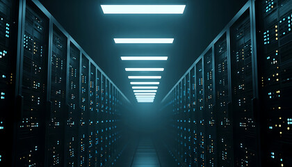 data center infrastructure lines a dark server room corridor highlighting advanced computing for secure global digital network operations.