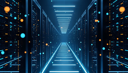 data center infrastructure with glowing blue lines and server racks processing digital information for cloud computing and ai development