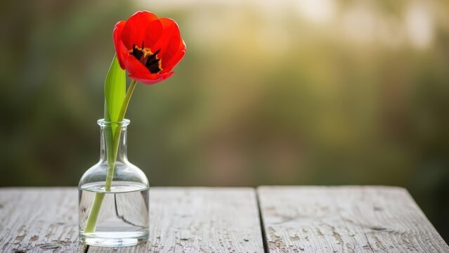 Red Poppy in Delicate Glass Vase on Weathered Wooden Table