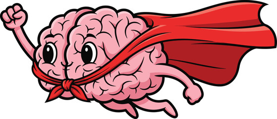 Cartoon superhero brain, flying pose, cognitive power, mental strength, expressive character, red cape, cartoon style, digital artwork, brain illustration, animated anatomy,  © MdMasud