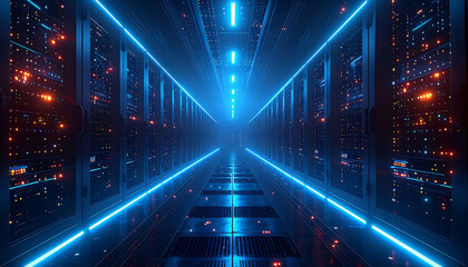 data center server room with blue neon lights and active computing racks symbolizing digital information processing cloud and network infrastructure.