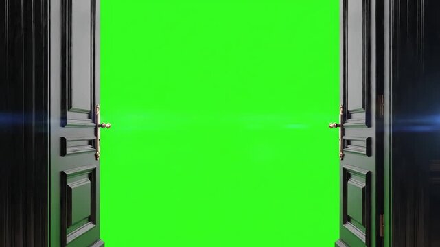Green Screen black classic doors opening background animation 3d render alpha channel scene 1 with distortion, overlay, glitch, static noise, scan lines on background, 4k animated video loop