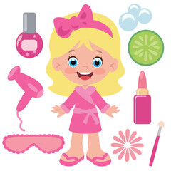 Cute little girl spa birthday vector cartoon illustration
